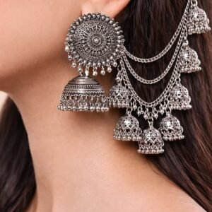 Oxidised Silver Jhumka with Hair Chain